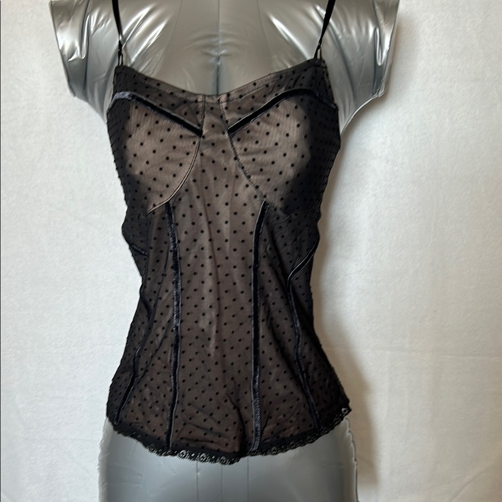 Vintage NWT Express Black Sheer Polka Dot Thin Strap Babydoll Cami Lace Hem XS